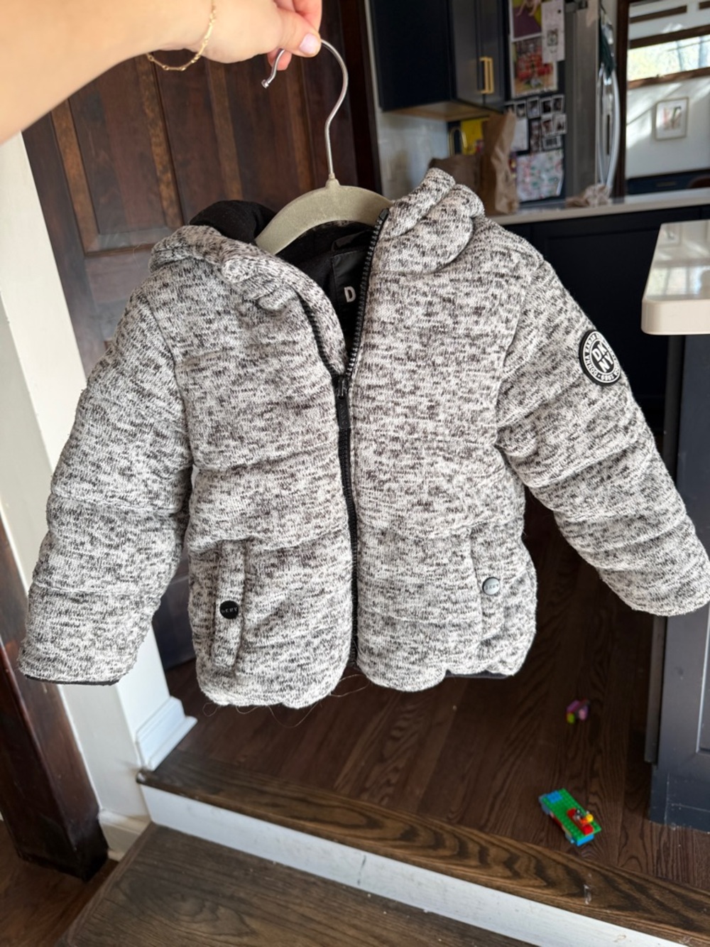 DKNY Kids Marled Light Grey Quilted Puffer Jacket with Hood